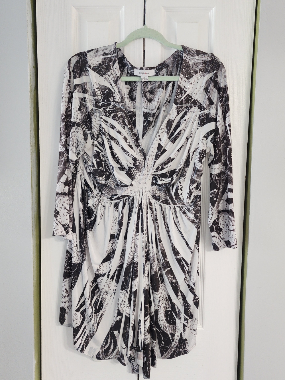 Black and White Abstract Ruched Waist Long Sleeve Dress Monochrome Strech SizeXL